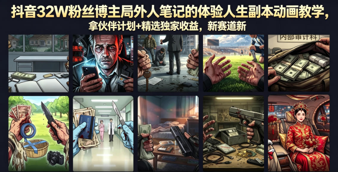 抖音32W粉丝博主局外人笔记的体验人生副本动画教学，拿伙伴计划+精选独家收益，新赛道新涨粉快【录制版】-靠谱项目库