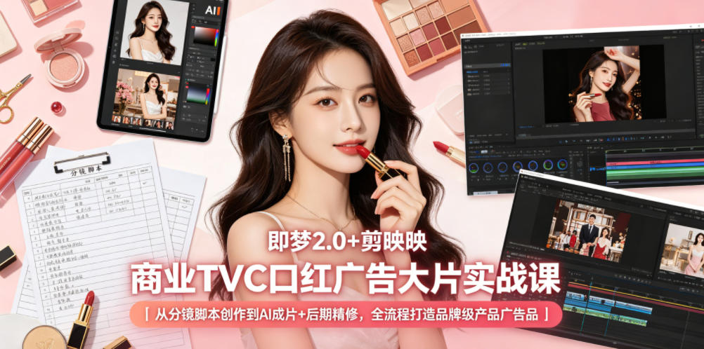 即梦2.0+剪映商业TVC口红广告大片实战课｜从分镜脚本创作到AI成片+后期精修，全流程打造品牌级产品广告-靠谱项目库