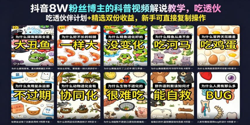 抖音8W粉丝博主的科普视频解说教学，吃透伙伴计划+精选双份收益，新手可直接复制操作-靠谱项目库