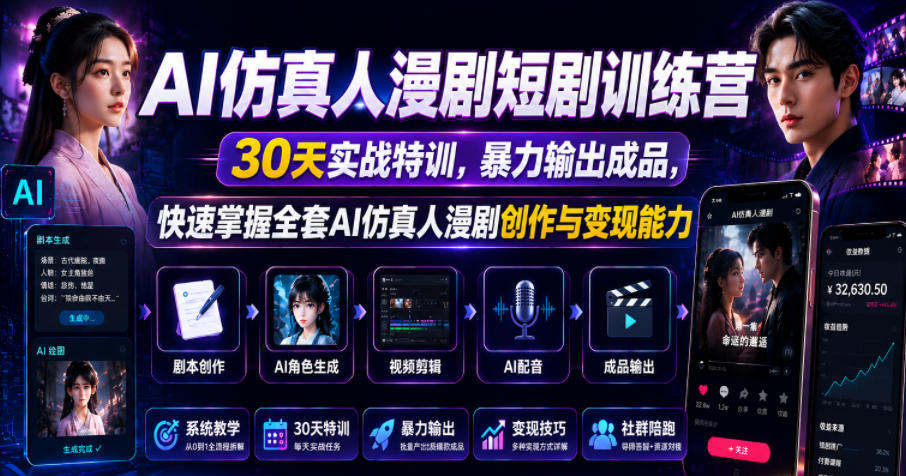 AI仿真人漫剧短剧训练营，30天实战特训，暴力输出成品，快速掌握全套AI仿真人漫剧创作与变现能力-靠谱项目库