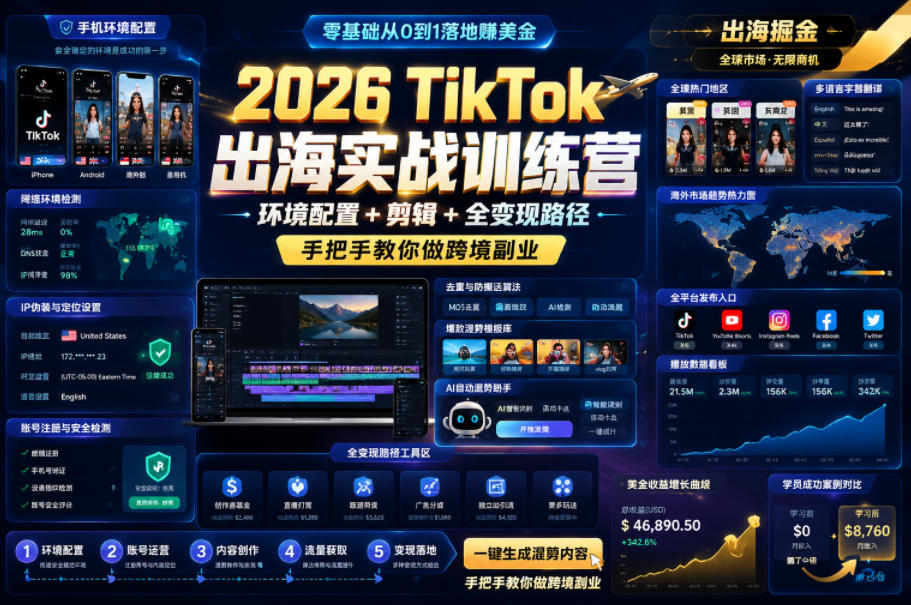 2026 TikTok出海实战训练营,环境配置 + 剪辑 + 全变现路径,手把手教你做跨境副业-靠谱项目库