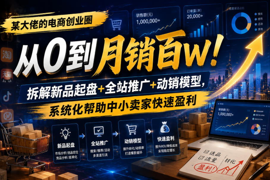 某大佬的电商创业圈从0到月销百W！拆解新品起盘+全站推广+动销模型，系统化帮助中小卖家快速盈利-靠谱项目库