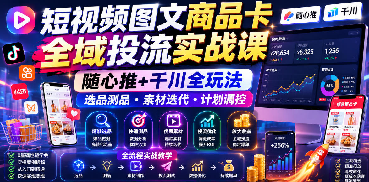 短视频图文商品卡全域投流实战课，随心推+千川全玩法，选品测品・素材迭代・计划调控，提升ROI爆单增收教程-靠谱项目库