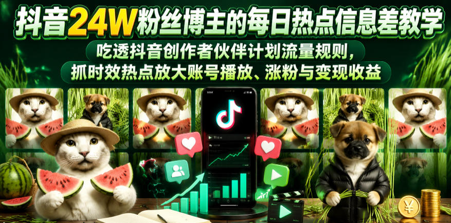 抖音24W粉丝博主的每日热点信息差教学，吃透创作者伙伴计划流量规则，抓时效热点放大账号播放、涨粉与变现收益-靠谱项目库