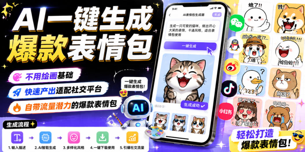 AI一键生成爆款表情包，不用绘画基础，快速产出适配社交平台，自带流量潜力的爆款表情包-靠谱项目库