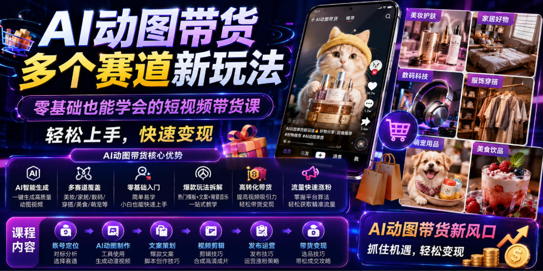 AI动图带货多个赛道新玩法，零基础也能学会的短视频带货课，轻松上手，快速变现-靠谱项目库