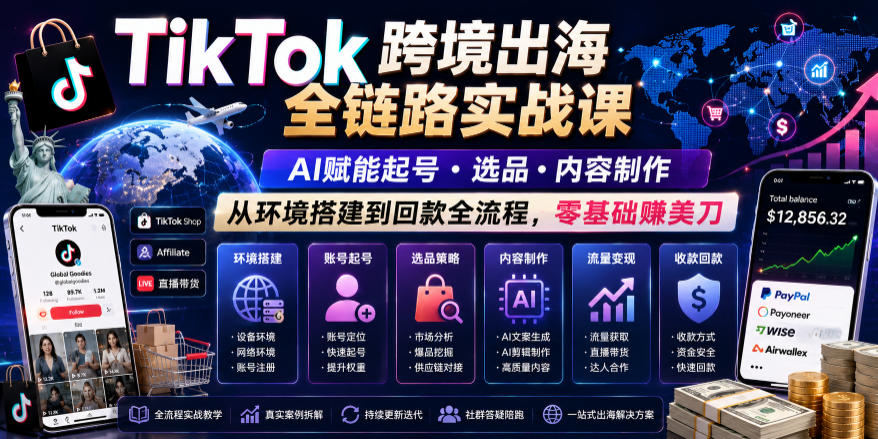 TikTok跨境出海全链路实战课，AI赋能起号・选品・内容制作，从环境搭建到回款全流程，零基础賺美刀-靠谱项目库