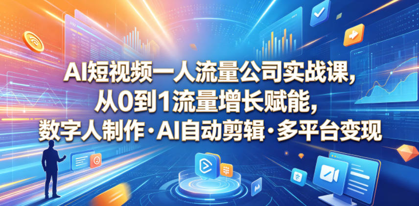 AI短视频一人流量公司实战课,从0到1流量增长赋能,数字人制作・AI自动剪辑・多平台变现,一人做流量生意全落地教程-靠谱项目库