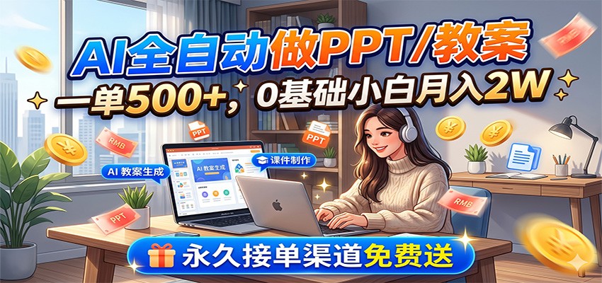 AI全自动做PPT/教案，一单500+，0基础小白月入2W，永久接单渠道免费送-靠谱项目库