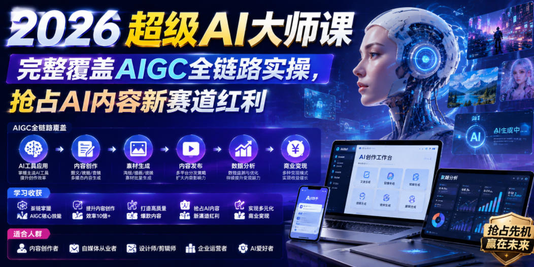2026超级AI大师课，完整覆盖AIGC全链路实操，抢占AI内容新赛道红利-靠谱项目库