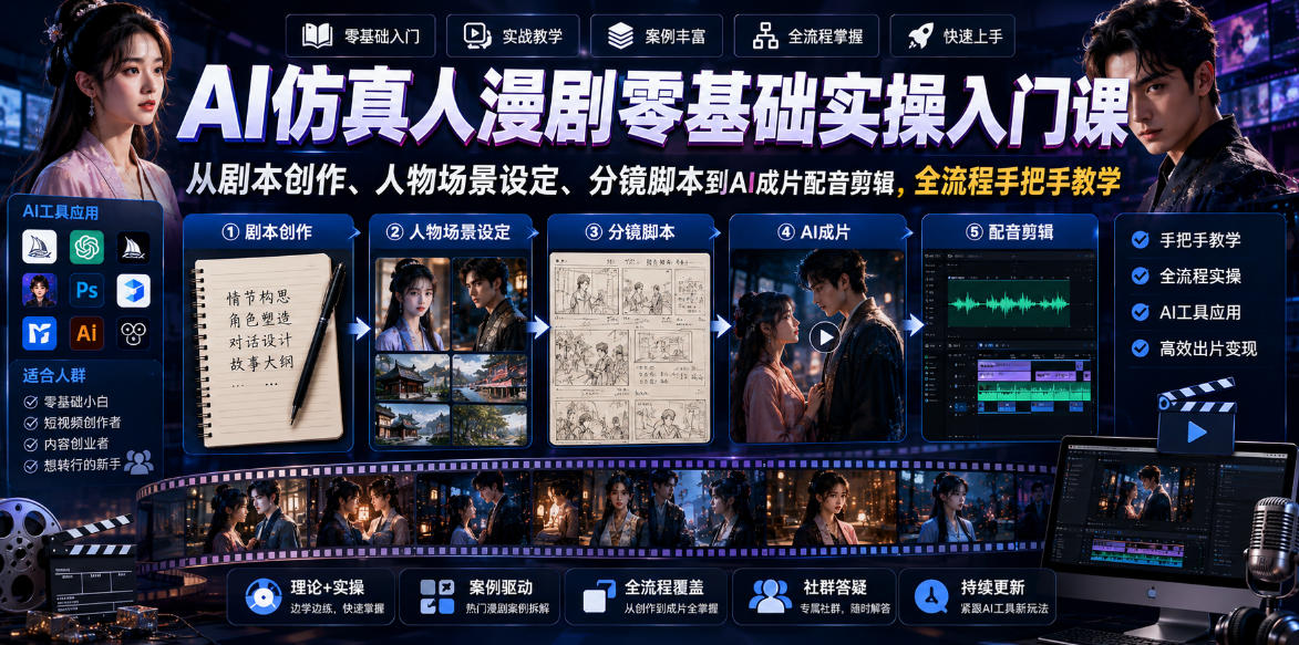 AI仿真人漫剧零基础实操入门课，从剧本创作、人物场景设定、分镜脚本到AI成片配音剪辑，全流程手把手教学-靠谱项目库
