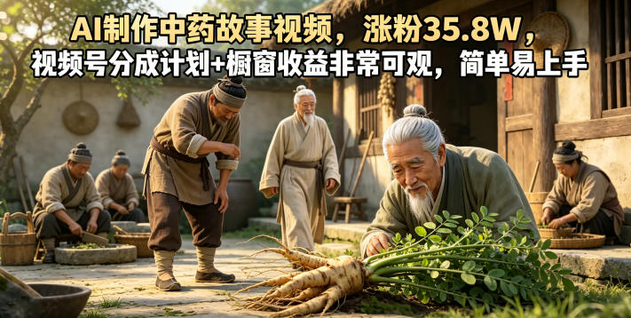 AI制作中药故事视频，涨粉35.8W，视频号分成计划+橱窗收益非常可观，简单易上手-靠谱项目库