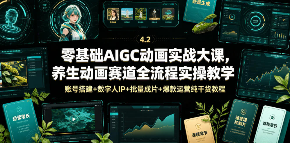 零基础AIGC动画实战大课，养生动画赛道全流程实操教学，账号搭建+数字人IP+批量成片+爆款运营纯干货教程-靠谱项目库