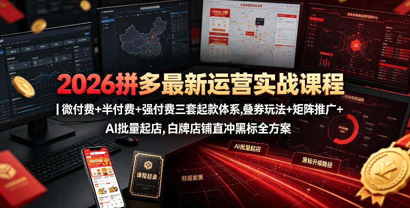 2026拼多多最新运营实战课程｜微付费+半付费+强付费三套起款体系，叠券玩法+矩阵推广+AI批量起店，白牌店铺直冲黑标全方案-靠谱项目库