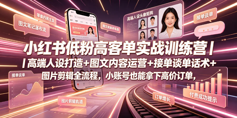 小红书低粉高客单实战训练营｜高端人设打造+图文内容运营+接单谈单话术+图片剪辑全流程，小账号也能拿下高价订单-靠谱项目库