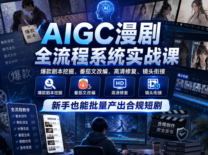 AIGC漫剧全流程系统实战课，爆款剧本挖掘、番茄文改编、高清修复、镜头衔接，新手也能批量产出合规短剧-靠谱项目库