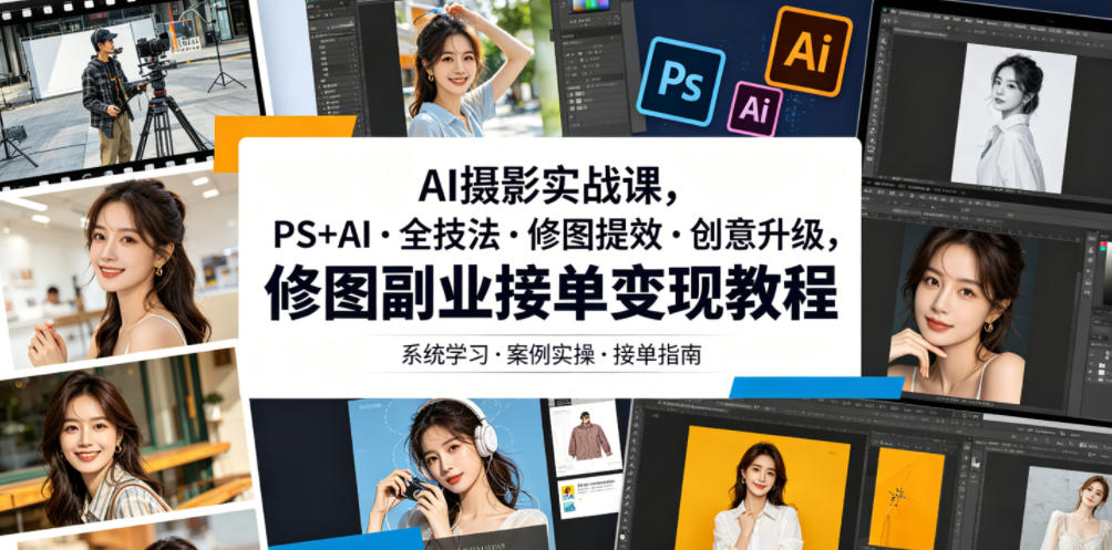 AI摄影实战课，PS+AI・全技法・修图提效・创意升级，修图副业接单变现教程-靠谱项目库