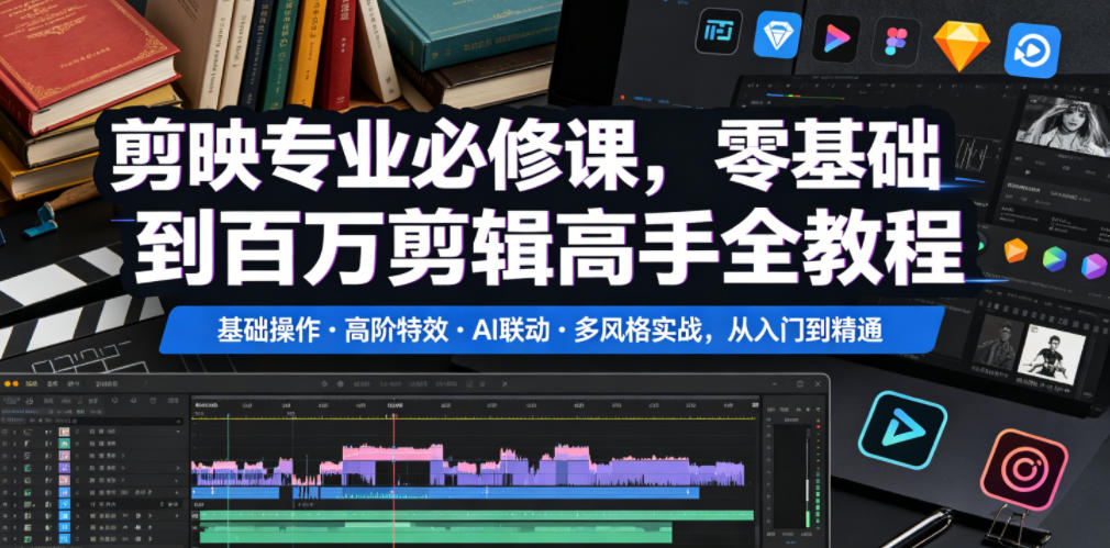剪映专业必修课,零基础到百万剪辑高手全教程,基础操作・高阶特效・AI联动・多风格实战,从入门到精通-靠谱项目库
