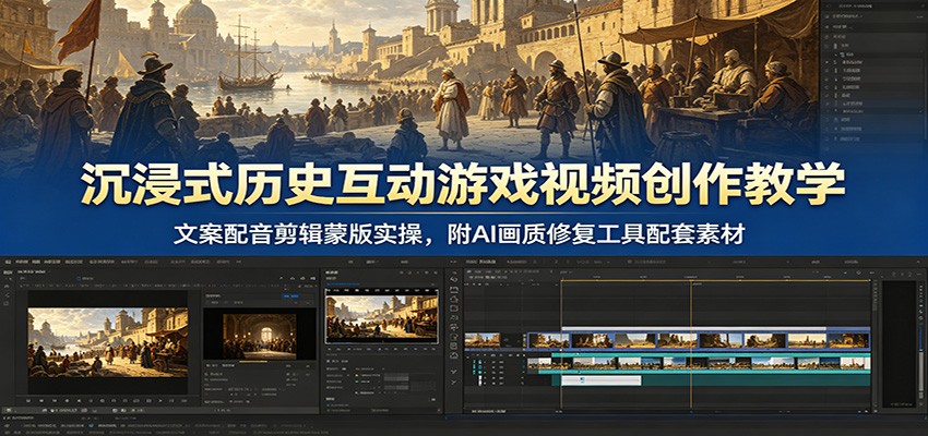 沉浸式历史互动游戏视频创作教学：文案配音剪辑蒙版实操，附AI画质修复工具配套素材-靠谱项目库