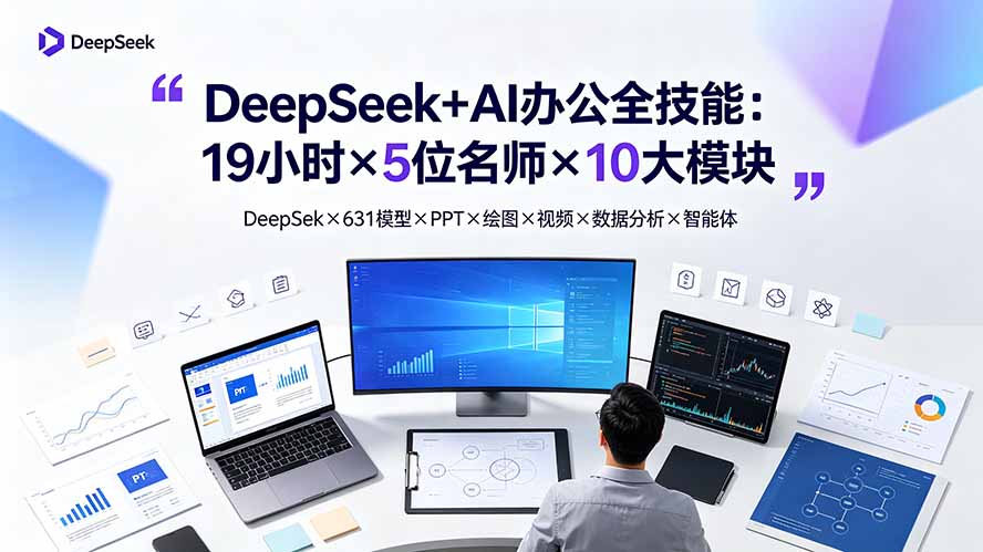 （19411期）DeepSeek+AI办公全技能：19小时×5位名师×10大模块，DeepSeek×631模型×PPT×绘图×视频×数据分析×智能体-靠谱项目库