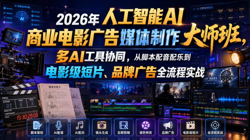 2026年人工智能AI商业电影广告媒体制作大师班，多AI工具协同，从脚本配音配乐到电影级短片、品牌广告全流程实战（中英字幕）-靠谱项目库