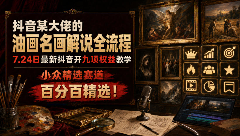 抖音某大佬的油画名画解说全流程，7.24日最新抖音开九项权益教学，小众精选赛道，百分百精选！-靠谱项目库