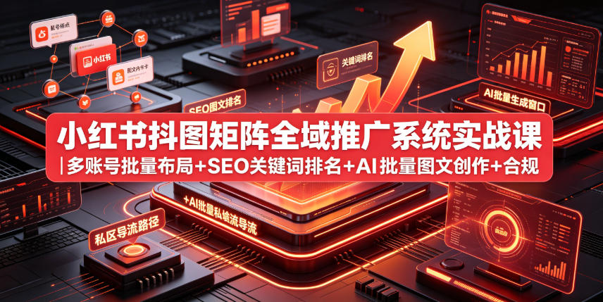 小红书抖图矩阵全域推广系统实战课｜多账号批量布局+SEO关键词排名+AI批量图文创作+合规私域导流完整落地教程-靠谱项目库
