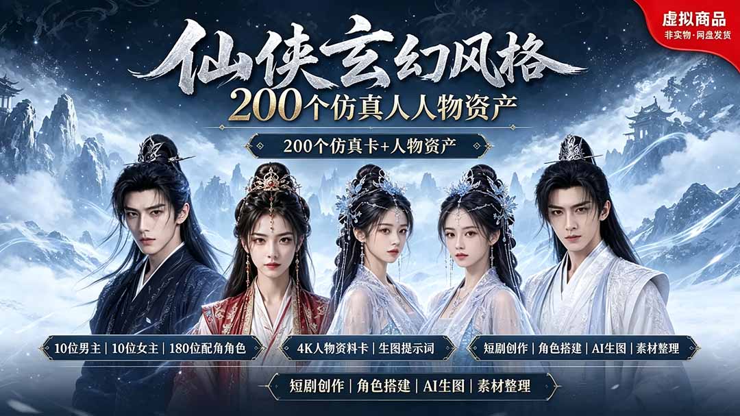 （19301期）200个仙侠玄幻仿真人素材◆10男主×10女主×180配角，4K资料卡+AI生图提示词，漫剧必备-靠谱项目库