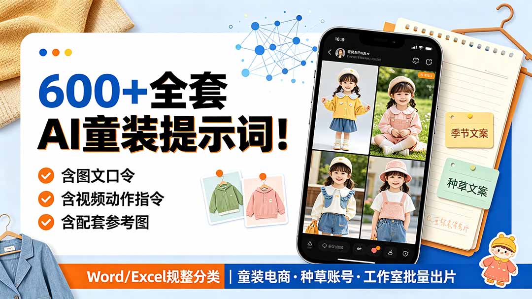 （19302期）600+全套AI童装提示词！含图文口令+视频动作指令+配套参考图，Word/Excel规整分类，童装电商、种草无脑量产内容-靠谱项目库