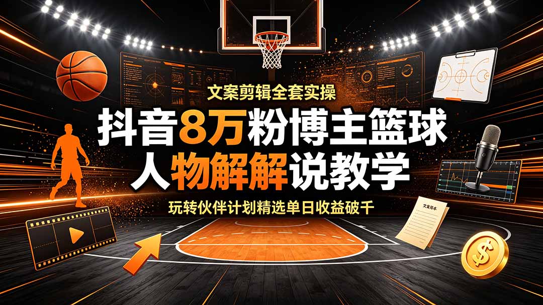 (19135期)抖音8万粉博主篮球人物解说教学,文案剪辑全套实操,玩转伙伴计划精选单日收益破千-靠谱项目库