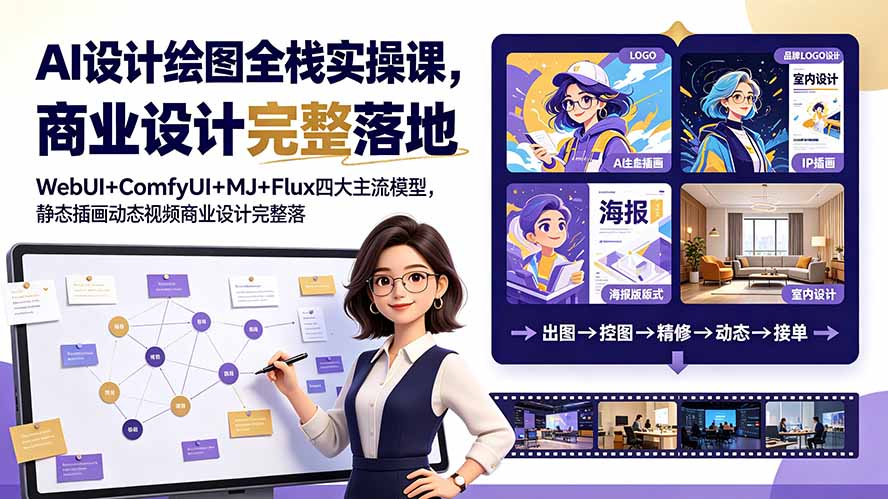 （19244期）AI设计绘图全栈实操课，WebUI+ComfyUI+MJ+Flux四大主流模型，静态插画动态视频商业设计完整落地教程-靠谱项目库