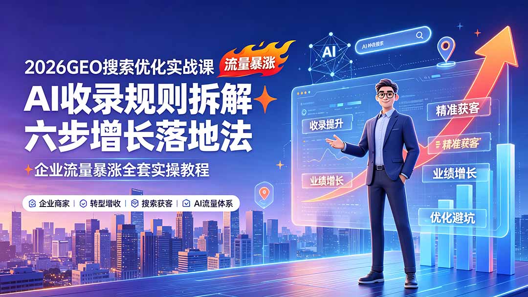 （19333期）2026GEO搜索优化实战课：AI收录规则拆解｜六步增长落地法｜企业流量暴涨全套实操教程-靠谱项目库
