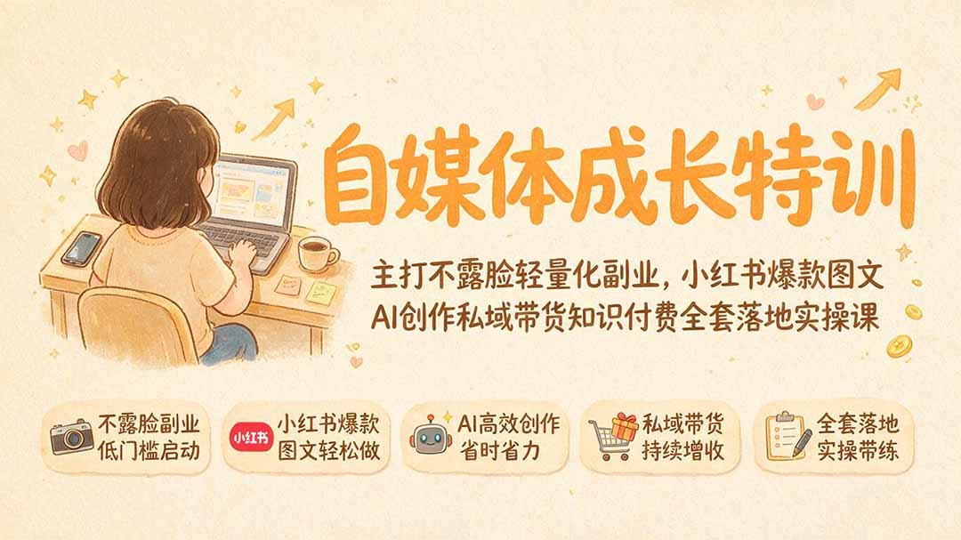 （19584期）自媒体成长特训｜主打不露脸轻量化副业，小红书爆款图文AI创作私域带货知识付费全套落地实操课-靠谱项目库