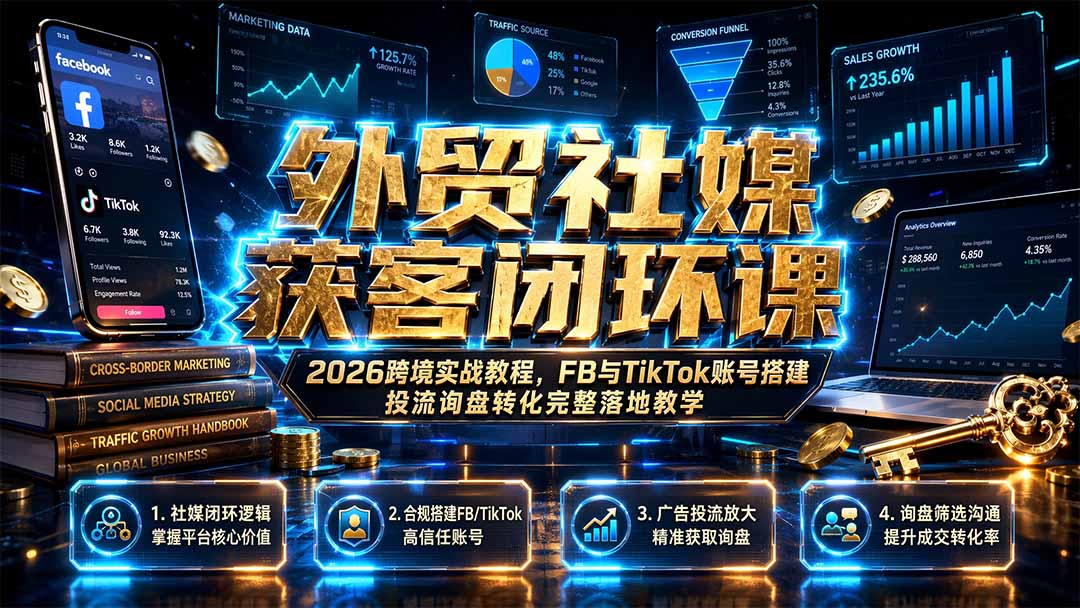 （19611期）外贸社媒获客闭环课｜2026跨境实战教程，FB与TikTok账号搭建投流询盘转化完整落地教学-靠谱项目库