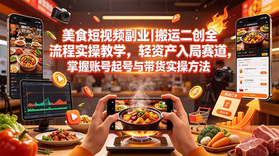 （19535期）美食短视频副业｜搬运二创全流程实操教学，轻资产入局赛道，掌握账号起号与带货实操方法-靠谱项目库