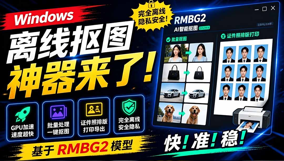 （19357期）Windows离线抠图神器来了！支持批量抠图 + 证件照排版打印，基于RMBG2模型，GPU加速 方块AI抠图-靠谱项目库