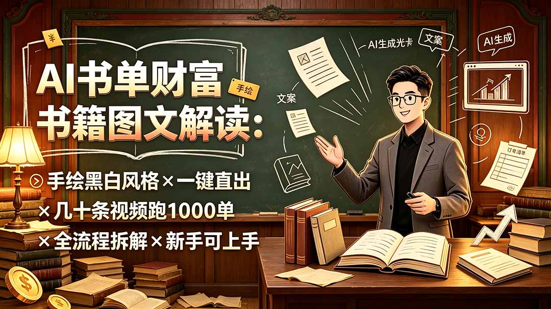 （19515期）AI书单财富书籍图文解读：手绘黑白风格×一键直出×几十条视频跑1000单×全流程拆解×新手可上手-靠谱项目库
