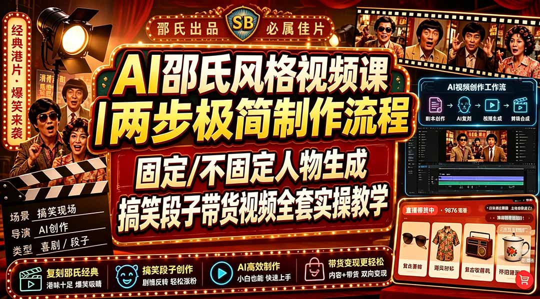 （19602期）AI邵氏风格视频课｜两步极简制作流程，固定/不固定人物生成，搞笑段子带货视频全套实操教学-靠谱项目库
