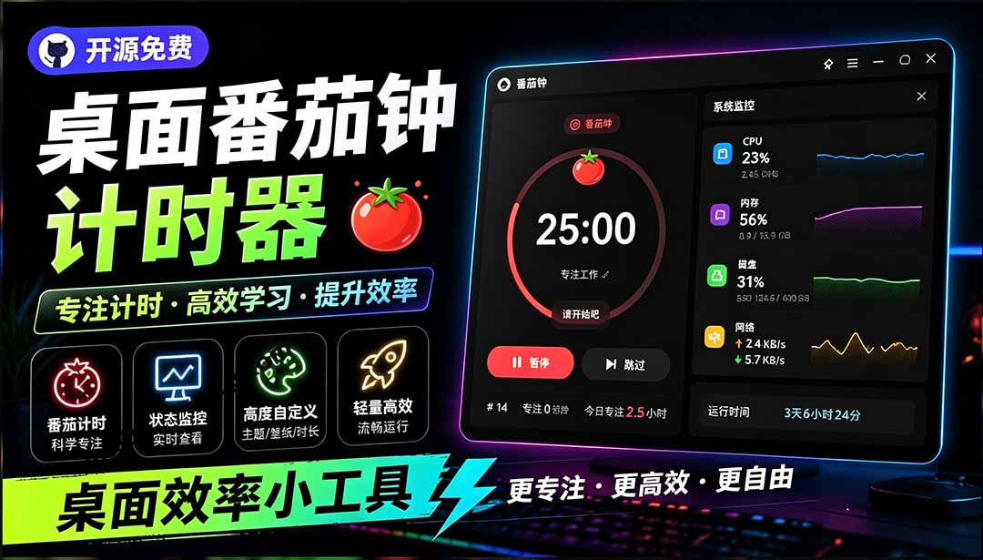 （19564期）仅1.16MB，开源极简的桌面时钟、番茄钟计时器，还支持系统监控显示，桌面效率小工具 Catime-靠谱项目库