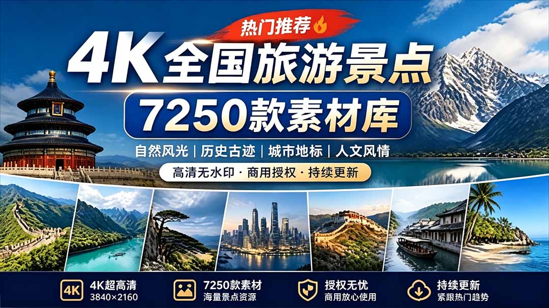（19309期）热门全国旅游风景素材！4K全国旅游景点素材库，7250款素材，旅行达人城市航拍风景风光高清短视频-靠谱项目库