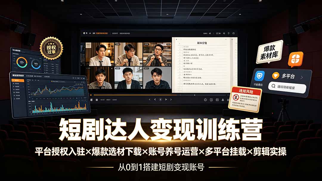 （19551期）短剧达人变现训练营：平台授权入驻×爆款选材下载×账号养号运营×多平台挂载×剪辑实操×违规处理全流程-靠谱项目库