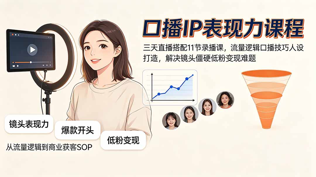 （19604期）口播IP表现力课程｜三天直播搭配11节录播课，流量逻辑口播技巧人设打造，解决镜头僵硬低粉变现难题-靠谱项目库