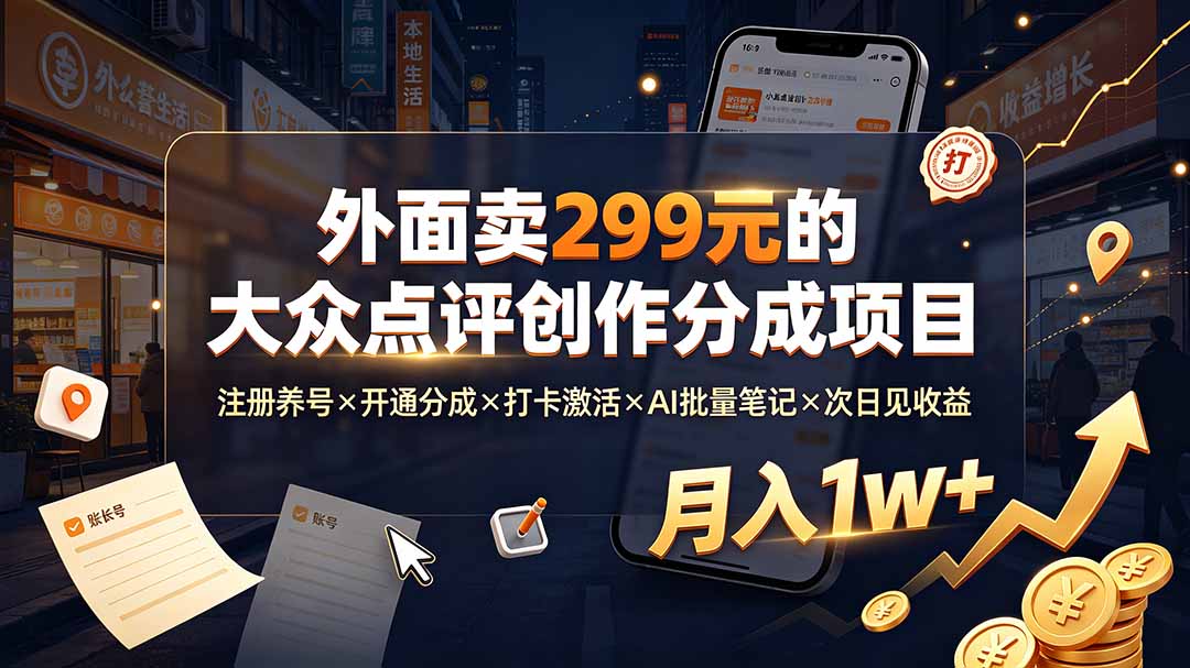 （19488期）外面卖299元的大众点评创作分成项目：注册养号×开通分成×打卡激活×AI批量笔记×次日见收益，月入1w+-靠谱项目库