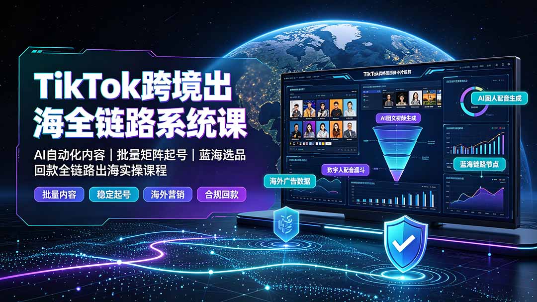 （19425期）TikTok跨境出海全链路系统课-2026年7月：AI自动化内容｜批量矩阵起号｜蓝海选品回款全链路出海实操课程-靠谱项目库