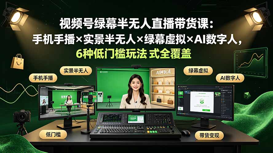 （19271期）视频号绿幕半无人直播带货课：手机手播×实景半无人×绿幕虚拟×AI数字人，6种低门槛玩法全覆盖-靠谱项目库