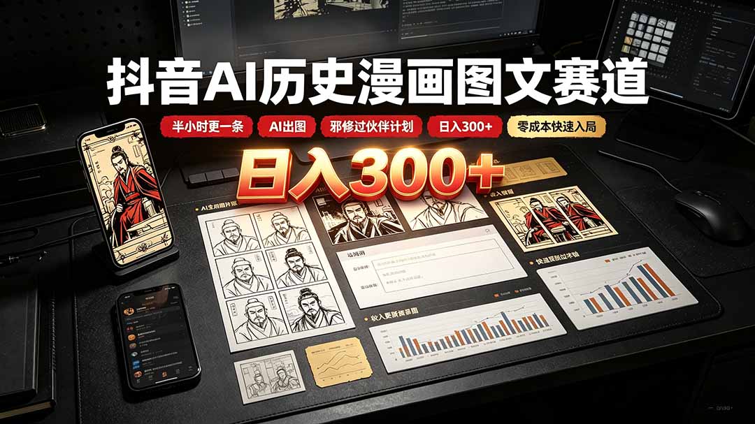 （19498期）抖音AI历史漫画图文赛道：半小时更一条×AI出图×邪修过伙伴计划×日入300+，零成本快速入局-靠谱项目库