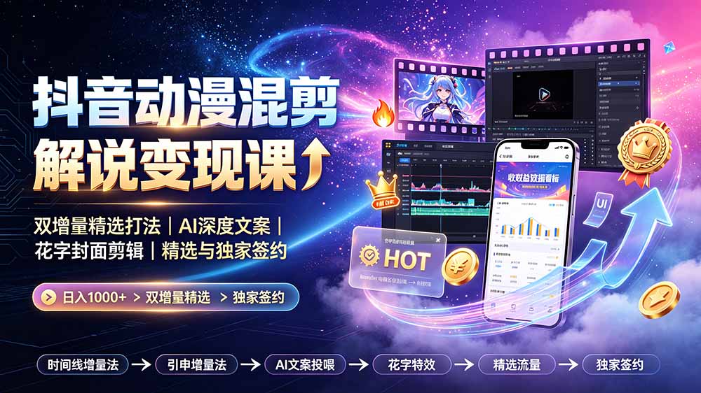 （19311期）抖音动漫混剪解说变现课：双增量精选打法｜AI深度文案｜花字封面剪辑｜ 精选与独家签约日入1000+-靠谱项目库