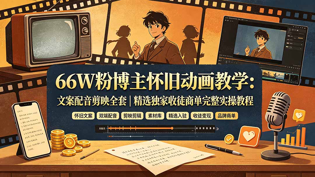 （19499期）66W粉博主怀旧动画教学：文案配音剪映全套｜精选独家收徒商单完整实操教程-靠谱项目库