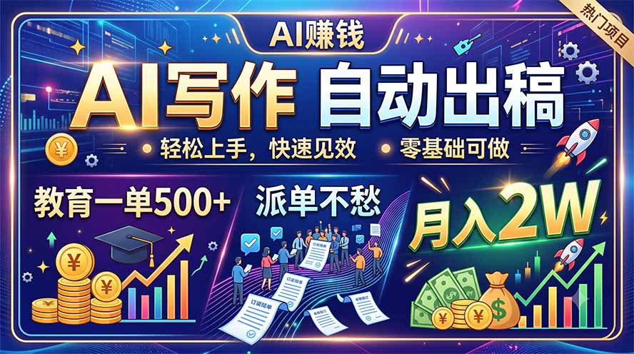 （19614期）AI写作自动出稿，教育一单500+，派单不愁，月入2W-靠谱项目库
