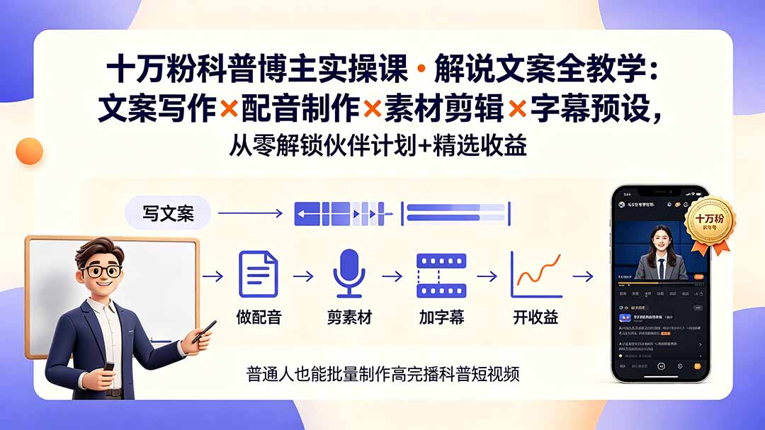 （19275期）10万粉科普博主实操课-解说文案全教学：文案写作×配音制作×素材剪辑×字幕预设，从零解锁伙伴计划+精选收益-靠谱项目库